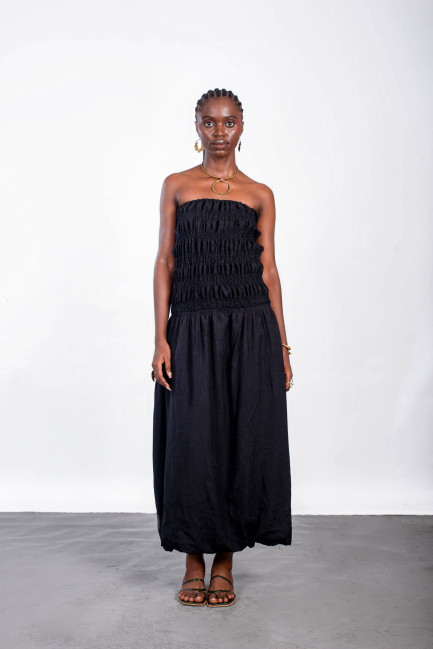 Bulb Midi Dress in Black, Beige Linen