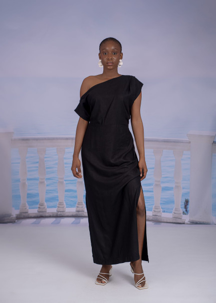 Drop-Shoulder Dress in Black Linen