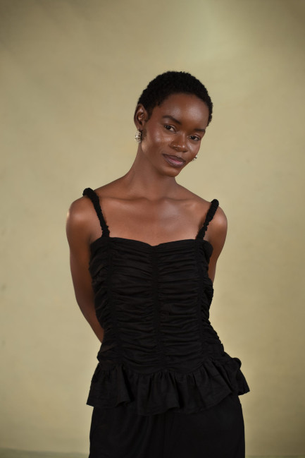 Ruched Cami Blouse in Black Linen