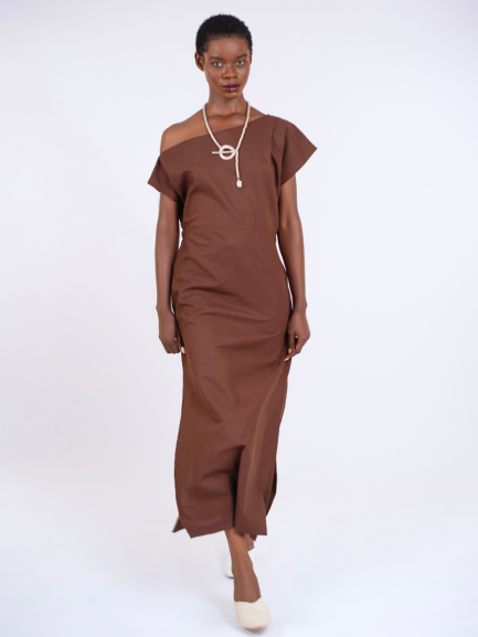 Chocolate Brown Linen Drop Shoulder Dress