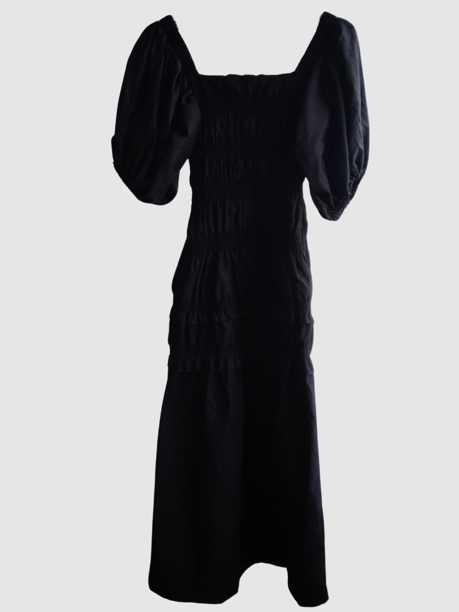 Shirred Maxi Dress in Black Linen (UK 8)