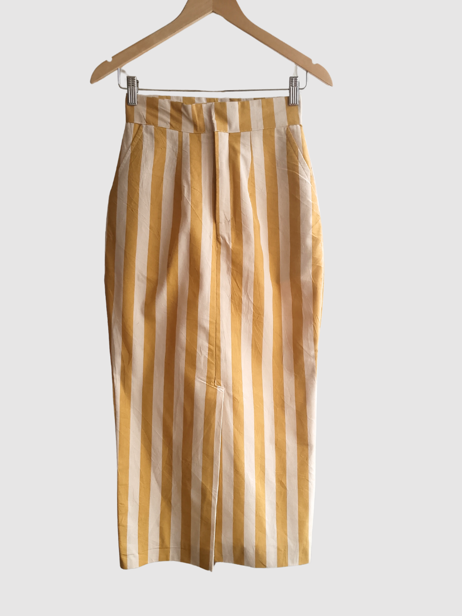 Tailored Skirt in Yellow Stripe Linen (UK 6)