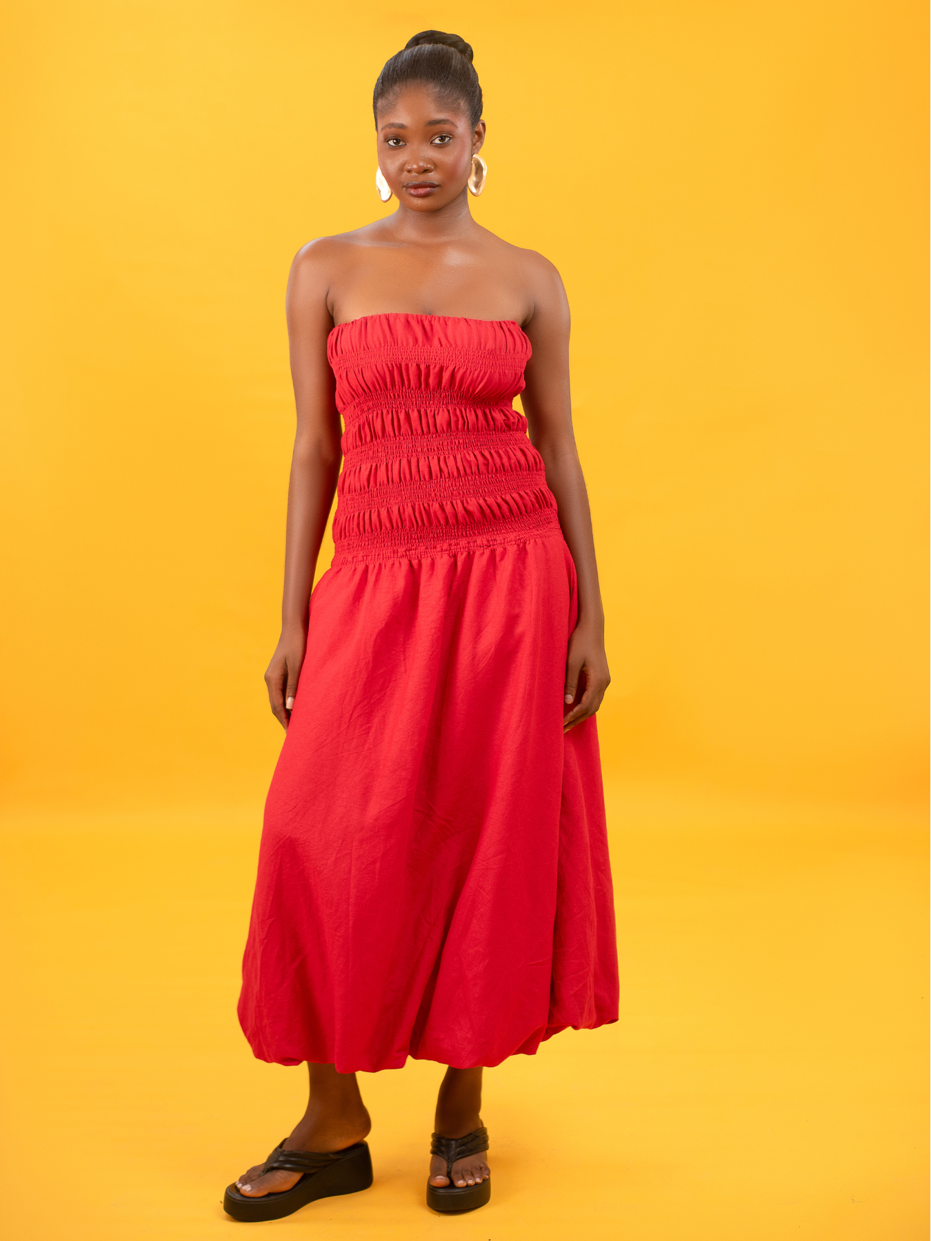Bulb Midi Dress in Red Linen
